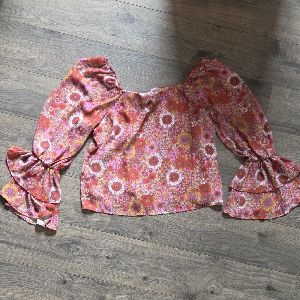 Peach Love California Floral Blouse with Bell Sleeves